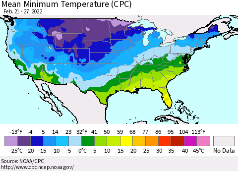 United States Mean Minimum Temperature (CPC) Thematic Map For 2/21/2022 - 2/27/2022