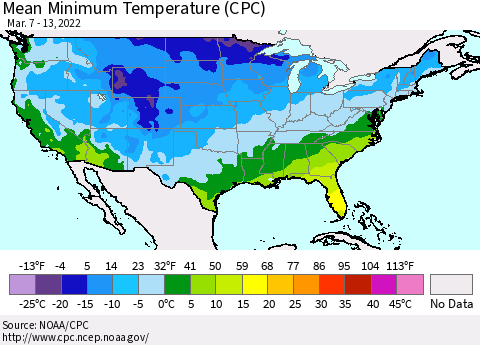 United States Mean Minimum Temperature (CPC) Thematic Map For 3/7/2022 - 3/13/2022