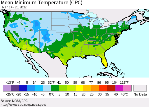 United States Mean Minimum Temperature (CPC) Thematic Map For 3/14/2022 - 3/20/2022