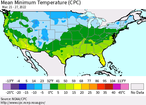 United States Mean Minimum Temperature (CPC) Thematic Map For 3/21/2022 - 3/27/2022