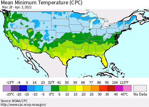 United States Mean Minimum Temperature (CPC) Thematic Map For 3/28/2022 - 4/3/2022