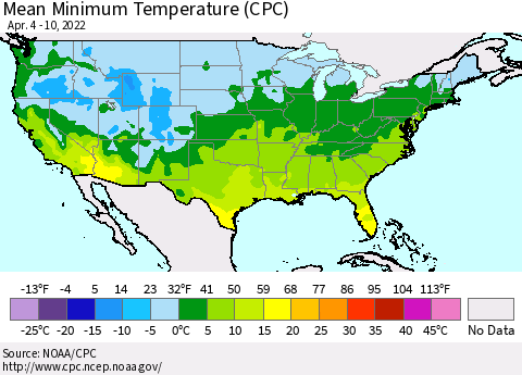 United States Mean Minimum Temperature (CPC) Thematic Map For 4/4/2022 - 4/10/2022