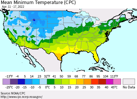 United States Mean Minimum Temperature (CPC) Thematic Map For 4/11/2022 - 4/17/2022