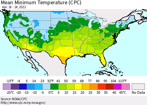 United States Minimum Temperature (CPC) Thematic Map For 4/18/2022 - 4/24/2022