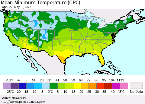 United States Mean Minimum Temperature (CPC) Thematic Map For 4/25/2022 - 5/1/2022