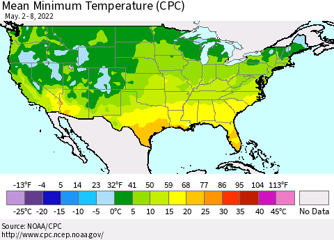 United States Minimum Temperature (CPC) Thematic Map For 5/2/2022 - 5/8/2022