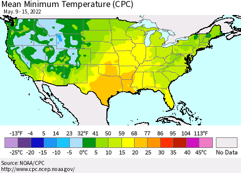 United States Mean Minimum Temperature (CPC) Thematic Map For 5/9/2022 - 5/15/2022