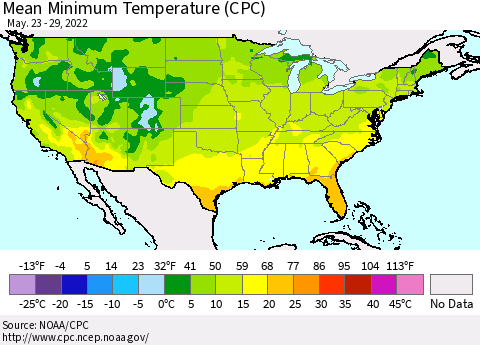 United States Minimum Temperature (CPC) Thematic Map For 5/23/2022 - 5/29/2022