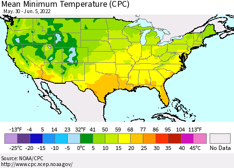 United States Mean Minimum Temperature (CPC) Thematic Map For 5/30/2022 - 6/5/2022