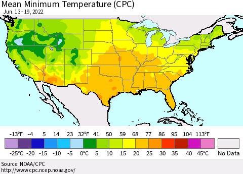 United States Minimum Temperature (CPC) Thematic Map For 6/13/2022 - 6/19/2022