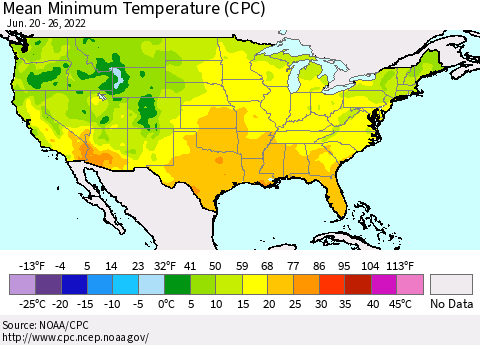 United States Mean Minimum Temperature (CPC) Thematic Map For 6/20/2022 - 6/26/2022