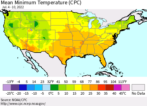 United States Mean Minimum Temperature (CPC) Thematic Map For 7/4/2022 - 7/10/2022