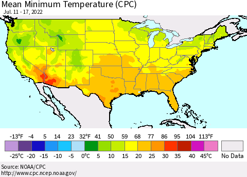 United States Mean Minimum Temperature (CPC) Thematic Map For 7/11/2022 - 7/17/2022