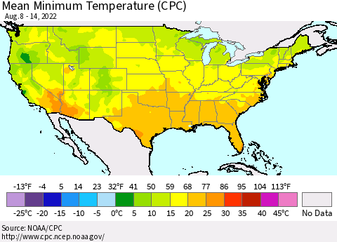 United States Mean Minimum Temperature (CPC) Thematic Map For 8/8/2022 - 8/14/2022