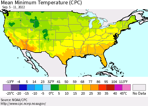 United States Mean Minimum Temperature (CPC) Thematic Map For 9/5/2022 - 9/11/2022