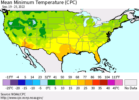 United States Mean Minimum Temperature (CPC) Thematic Map For 9/19/2022 - 9/25/2022