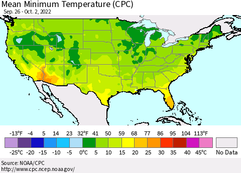 United States Mean Minimum Temperature (CPC) Thematic Map For 9/26/2022 - 10/2/2022