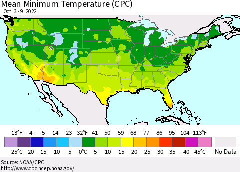 United States Mean Minimum Temperature (CPC) Thematic Map For 10/3/2022 - 10/9/2022