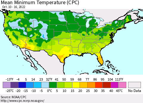 United States Mean Minimum Temperature (CPC) Thematic Map For 10/10/2022 - 10/16/2022
