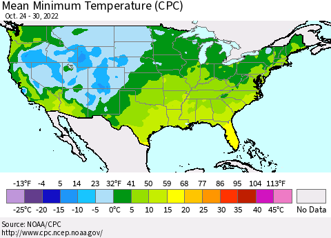 United States Mean Minimum Temperature (CPC) Thematic Map For 10/24/2022 - 10/30/2022