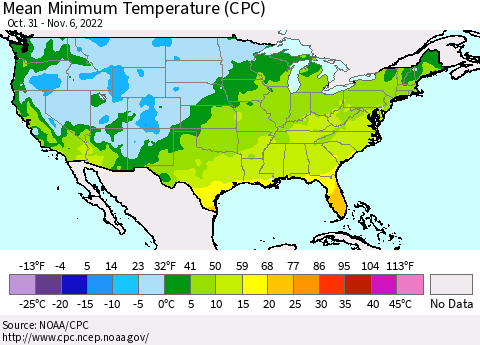 United States Mean Minimum Temperature (CPC) Thematic Map For 10/31/2022 - 11/6/2022