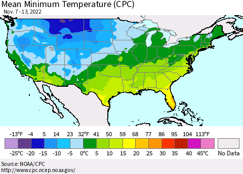 United States Mean Minimum Temperature (CPC) Thematic Map For 11/7/2022 - 11/13/2022