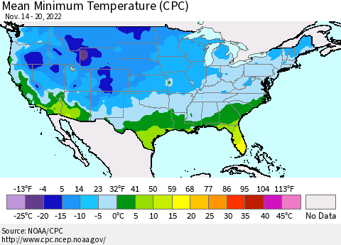 United States Mean Minimum Temperature (CPC) Thematic Map For 11/14/2022 - 11/20/2022