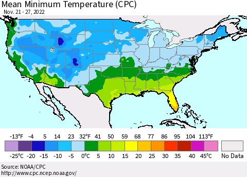 United States Mean Minimum Temperature (CPC) Thematic Map For 11/21/2022 - 11/27/2022