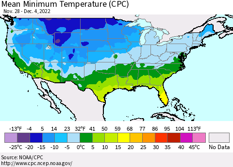 United States Mean Minimum Temperature (CPC) Thematic Map For 11/28/2022 - 12/4/2022