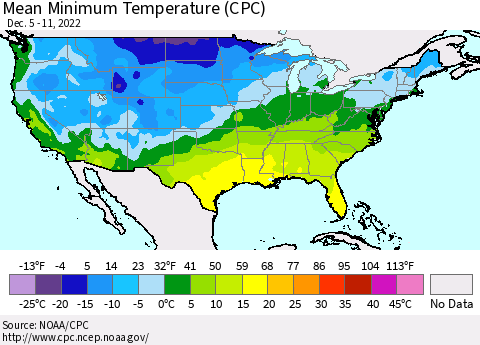 United States Mean Minimum Temperature (CPC) Thematic Map For 12/5/2022 - 12/11/2022