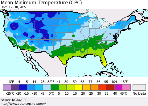 United States Mean Minimum Temperature (CPC) Thematic Map For 12/12/2022 - 12/18/2022