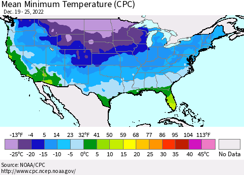 United States Mean Minimum Temperature (CPC) Thematic Map For 12/19/2022 - 12/25/2022