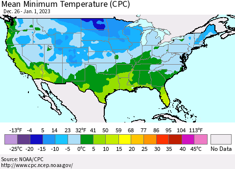 United States Mean Minimum Temperature (CPC) Thematic Map For 12/26/2022 - 1/1/2023
