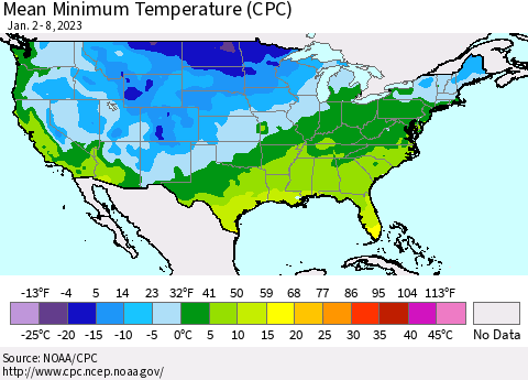 United States Mean Minimum Temperature (CPC) Thematic Map For 1/2/2023 - 1/8/2023
