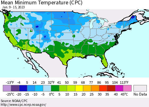 United States Mean Minimum Temperature (CPC) Thematic Map For 1/9/2023 - 1/15/2023