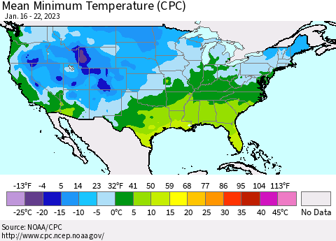United States Mean Minimum Temperature (CPC) Thematic Map For 1/16/2023 - 1/22/2023