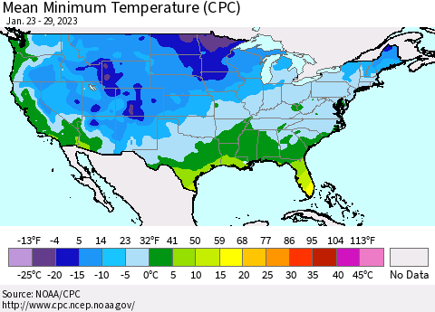 United States Mean Minimum Temperature (CPC) Thematic Map For 1/23/2023 - 1/29/2023