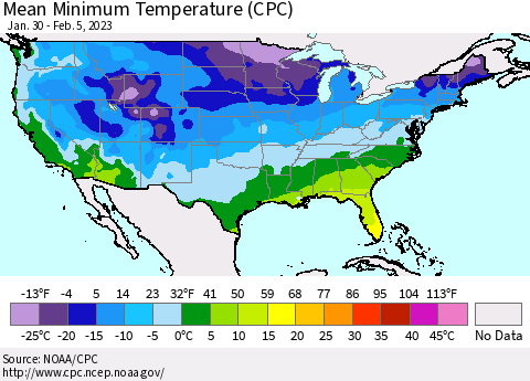 United States Mean Minimum Temperature (CPC) Thematic Map For 1/30/2023 - 2/5/2023