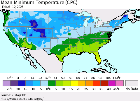 United States Mean Minimum Temperature (CPC) Thematic Map For 2/6/2023 - 2/12/2023