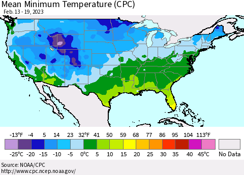 United States Mean Minimum Temperature (CPC) Thematic Map For 2/13/2023 - 2/19/2023