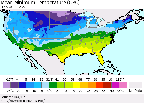 United States Mean Minimum Temperature (CPC) Thematic Map For 2/20/2023 - 2/26/2023