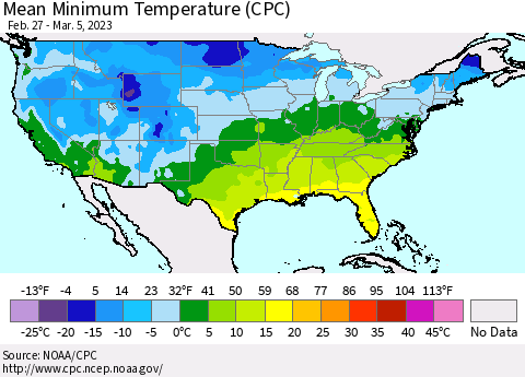 United States Mean Minimum Temperature (CPC) Thematic Map For 2/27/2023 - 3/5/2023