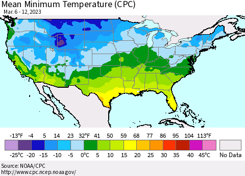 United States Mean Minimum Temperature (CPC) Thematic Map For 3/6/2023 - 3/12/2023