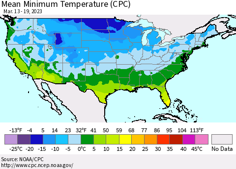 United States Mean Minimum Temperature (CPC) Thematic Map For 3/13/2023 - 3/19/2023