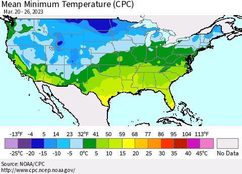 United States Mean Minimum Temperature (CPC) Thematic Map For 3/20/2023 - 3/26/2023