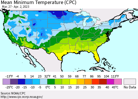 United States Mean Minimum Temperature (CPC) Thematic Map For 3/27/2023 - 4/2/2023