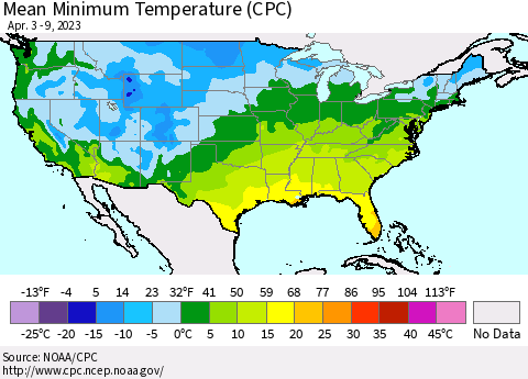 United States Mean Minimum Temperature (CPC) Thematic Map For 4/3/2023 - 4/9/2023