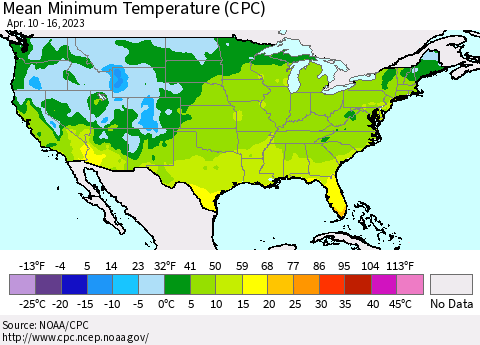United States Mean Minimum Temperature (CPC) Thematic Map For 4/10/2023 - 4/16/2023