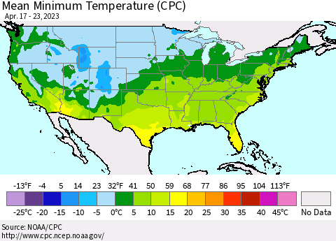 United States Mean Minimum Temperature (CPC) Thematic Map For 4/17/2023 - 4/23/2023