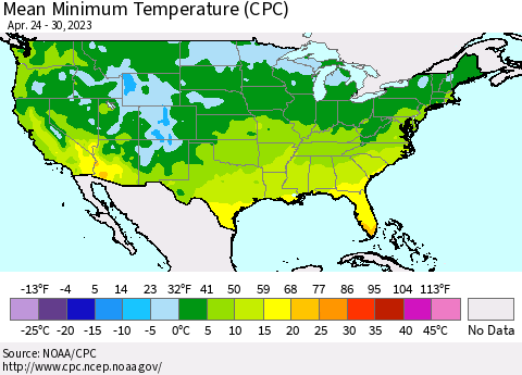 United States Mean Minimum Temperature (CPC) Thematic Map For 4/24/2023 - 4/30/2023